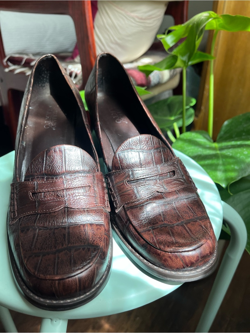 Franco Sarto Brown Croc-Embossed Leather Penny Loafers